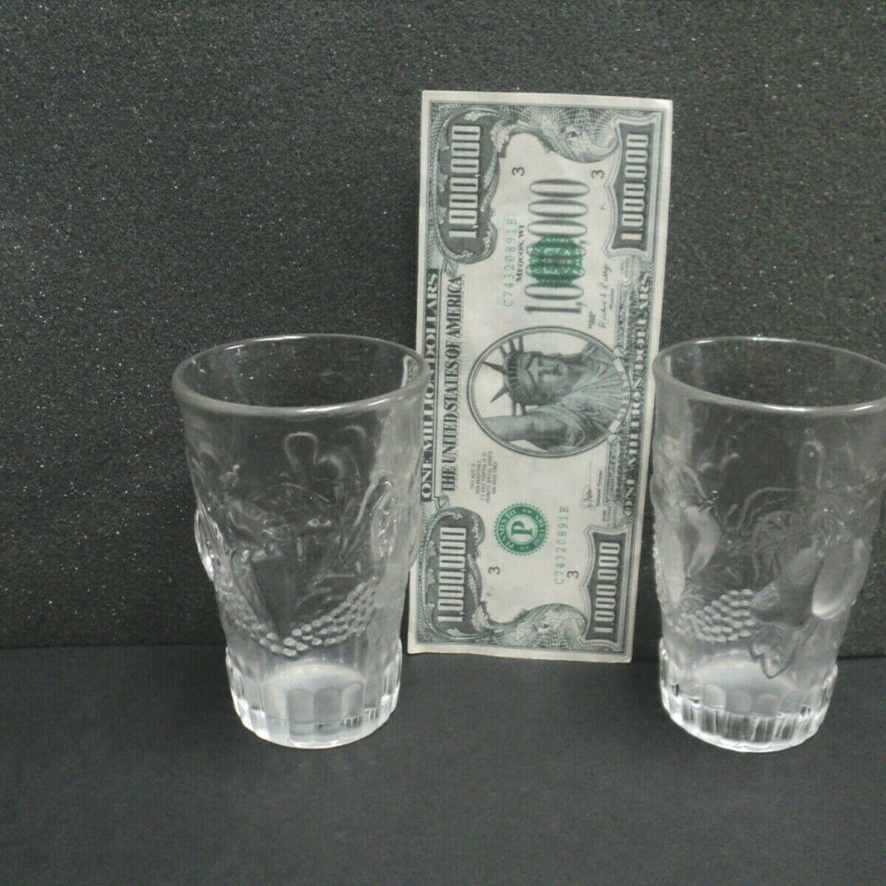 2 Vintage Jelly Jar Juice Glasses Clear Raised Fruit Designs 4 Oz. 3 3/4" High